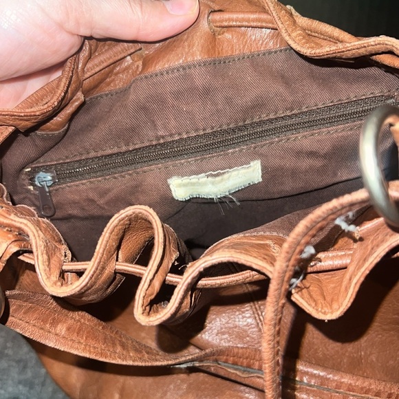 Vintage Brown Leather Drawstring Bucket Bag with Silver Hardware - Picture 7 of 9